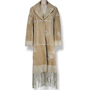 Vtg Bebe Suede Butterfly Patchwork Duster Coat Fringe Crochet Sz S Y2K 70s Style